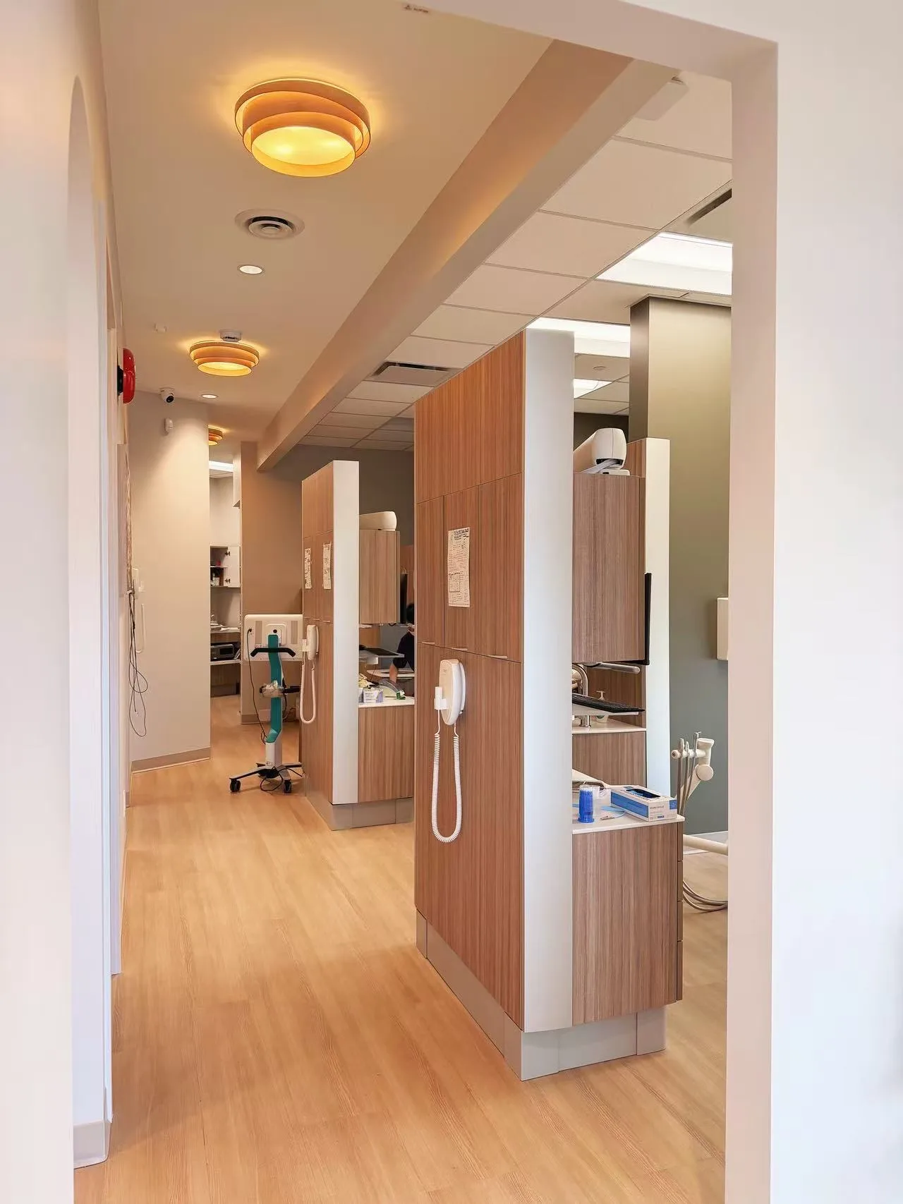 The clinic corridor with wood flooring and pendant lights.